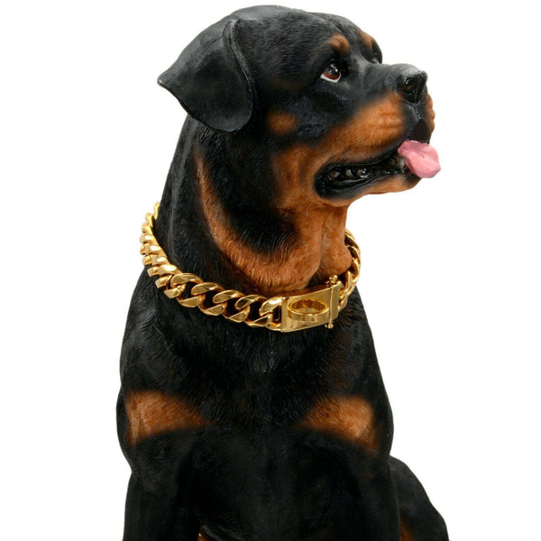 15mm Gold Dog Chain Collar – Titanium Steel Six-Sided Polished Metal Pet Necklace