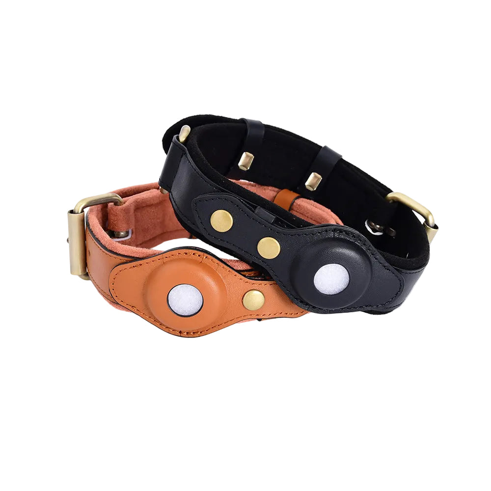 AirTag Dog Collar with Built-in Tracker Holder & Leather Leash – Secure Pet Tracking