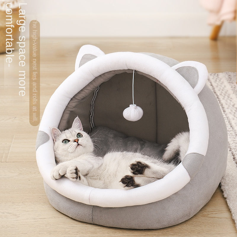 All-Season Enclosed Cat House & Dog Bed – Warm Winter Pet Bed with Cozy Cave Design